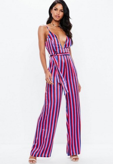 Missguided pink striped v neck wide leg satin jumpsuit – plunge front going out jumpsuits - flipped