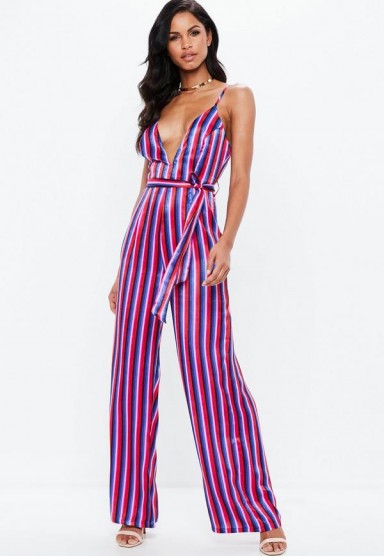 Missguided pink striped v neck wide leg satin jumpsuit – plunge front going out jumpsuits