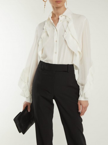 GIVENCHY Pleated-ruffle silk-blend blouse ~ feminine cream shirts