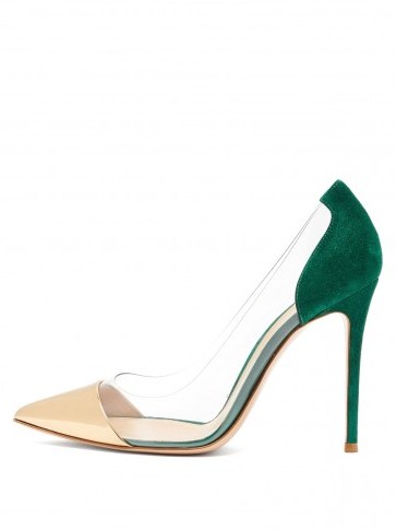 GIANVITO ROSSI Plexi 100 leather pumps ~ green suede ~ metallic-gold pointed toe ~ clear plastic courts - flipped