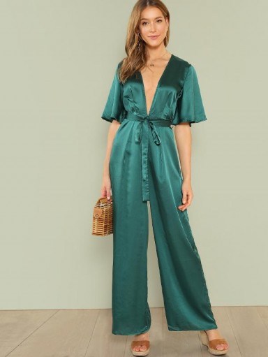 SHEIN Plunge Neck Self Belted Palazzo Jumpsuit | deep V front - flipped