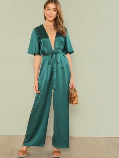 SHEIN Plunge Neck Self Belted Palazzo Jumpsuit | deep V front