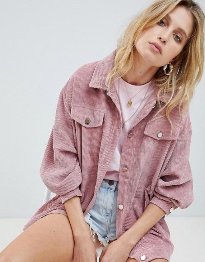 PrettyLittleThing Light Weight Cord Jacket in Rose Pink ~ casual oversized jackets - flipped