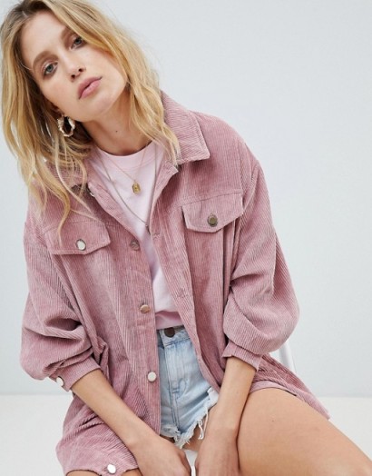 PrettyLittleThing Light Weight Cord Jacket in Rose Pink ~ casual oversized jackets