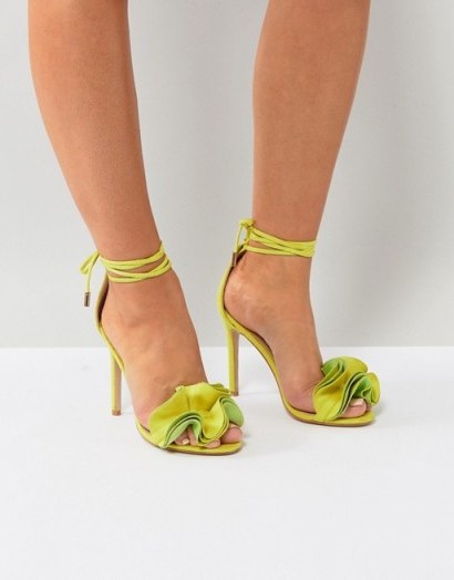 Public Desire Sugar Lime Heeled Sandals Lime Faux Suede – strappy – heels – ankle tie – ruffles - flipped