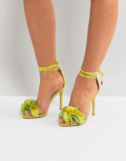 Public Desire Sugar Lime Heeled Sandals Lime Faux Suede – strappy – heels – ankle tie – ruffles