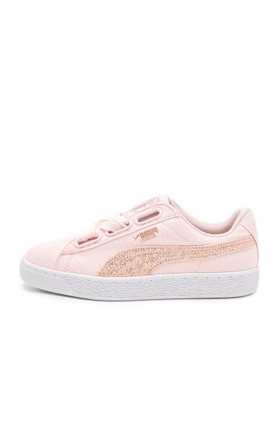 Puma BASKET HEART CANVAS SNEAKER Pearl Puma White & Rose Gold | pink trainers | sports luxe footwear - flipped