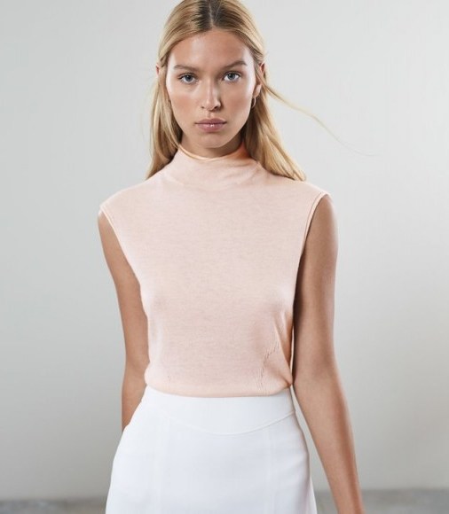 Reiss PURDY SLEEVELESS KNITTED TOP BLUSH | chic pale pink turtleneck - flipped