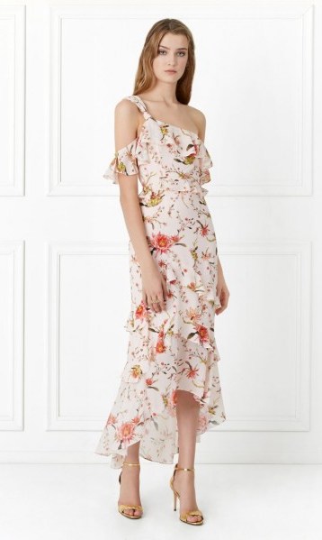 Rachel Zoe Jillian Cactus Flower Printed Midi Dress ~ one shoulder floral print dresses - flipped