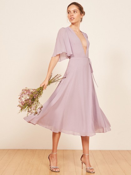 Reformation Rhodes Dress Lilac | plunge front event wear