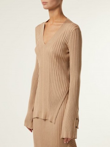 STELLA MCCARTNEY Ribbed V-neck sweater ~ chic knitted beige tops - flipped