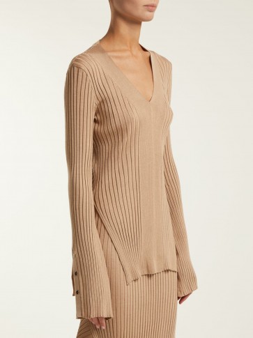STELLA MCCARTNEY Ribbed V-neck sweater ~ chic knitted beige tops