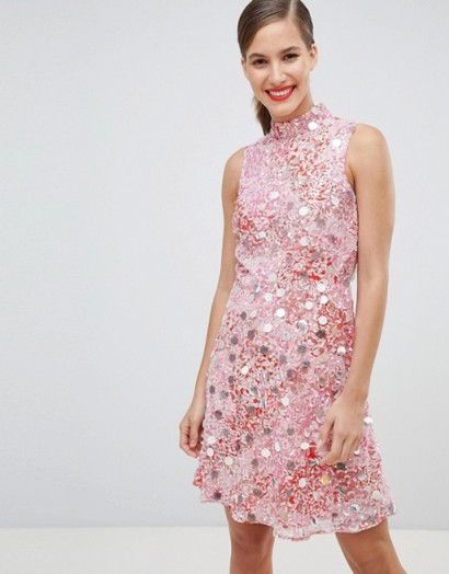River Island high neck embellished skater dress pink – shimmering party dresses