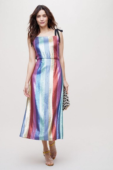 Rixo London Tessa Metallic-Striped Midi Dress ~ multicoloured sequins - flipped
