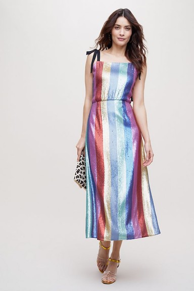 Rixo London Tessa Metallic-Striped Midi Dress ~ multicoloured sequins