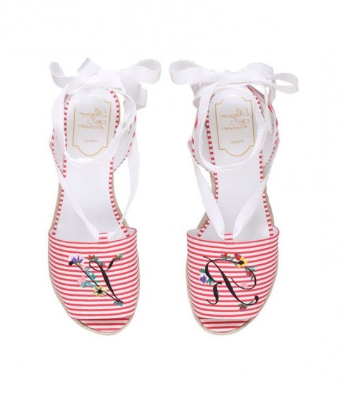 Roger Vivier Flower Embroidered Espadrilles 65 ~ red and white striped wedges - flipped