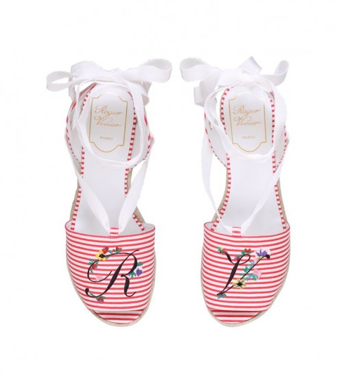 Roger Vivier Flower Embroidered Espadrilles 65 ~ red and white striped wedges