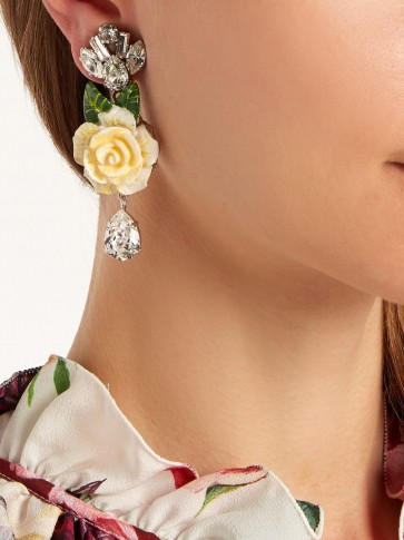 DOLCE & GABBANA Rose and crystal-drop clip-on earrings ~ feminine statement jewellery ~ beautiful Italian accessories