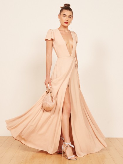 Reformation Rosey Dress Champagne | plunge front maxi