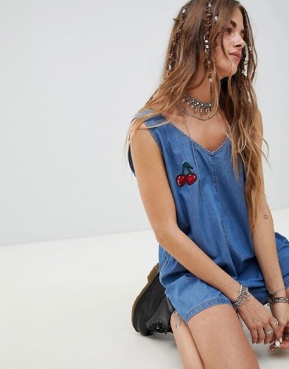 Sacred Hawk Denim Playsuit With Patch | blue romper - flipped