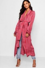 boohoo Saffron Satin Stripe Maxi Kimono – red – stripes – kimonos – day to night – silky coats