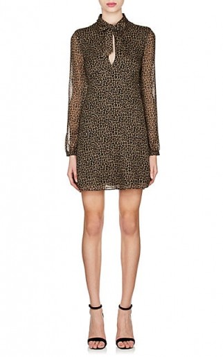 SAINT LAURENT Leopard-Print Wool Tieneck Dress ~ semi sheer animal print tie neck dresses