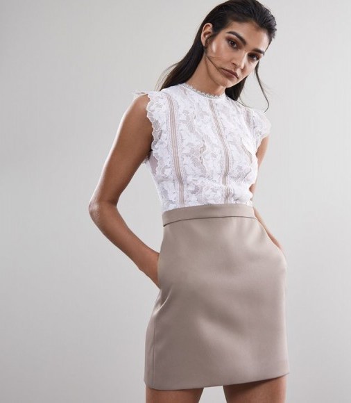 Reiss SALLY LACE DETAIL DRESS WHITE/ MOCHA ~ floral lace party dresses - flipped