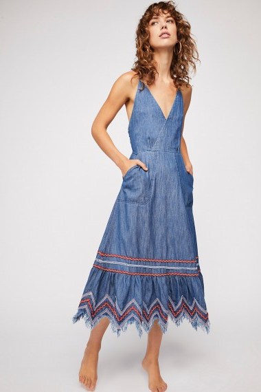 Free People Seaside Denim Midi Dress in Deep Blue | chambray fabric | boho sundress - flipped