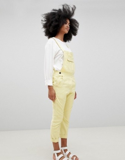 Seeker 5 Pocket Overalls in Organic Hemp Cotton in Sun – pale yellow dungarees - flipped