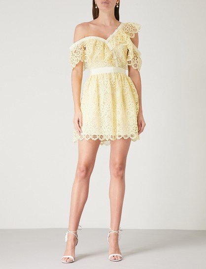 SELF-PORTRAIT Off-the-shoulder yellow guipure-lace mini dress – luxe party style - flipped
