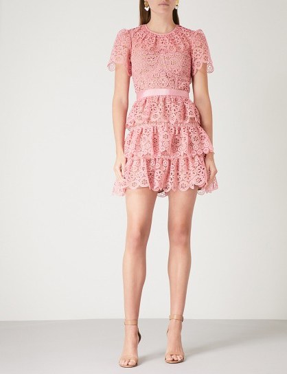 SELF-PORTRAIT Tiered pink lace mini dress – pretty party fashion - flipped