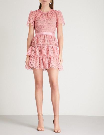 SELF-PORTRAIT Tiered pink lace mini dress – pretty party fashion