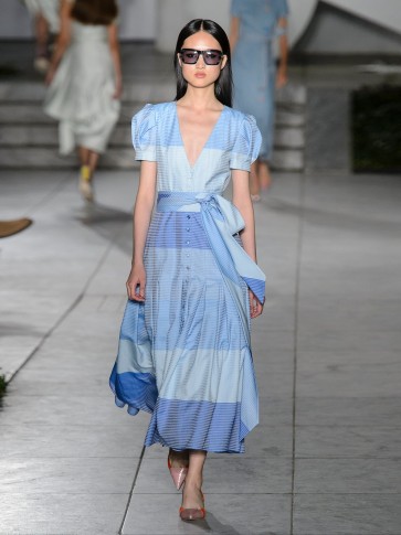 CAROLINA HERRERA Stripe jacquard panelled dress ~ blue tie waist vacation dresses