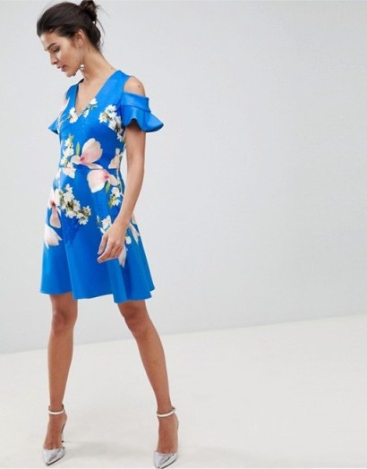 Ted Baker cold shoulder skater dress in harmony floral in bright blue - flipped