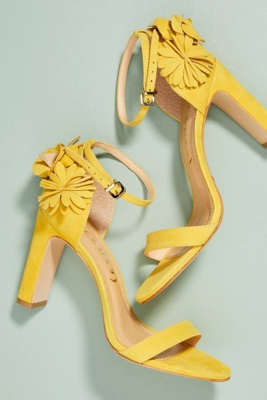 Vicenza Floral Suede Heels ~ yellow ankle strap sandals - flipped
