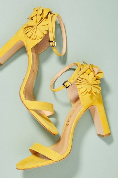 Vicenza Floral Suede Heels ~ yellow ankle strap sandals