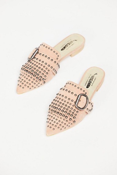 Jeffrey Campbell Wanderer Stud Flat Pink Suede | point toe mules - flipped
