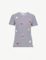 WAREHOUSE Fruit-embroidered striped cotton-jersey T-shirt / short sleeve crew neck tee