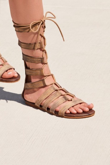 Roan Washed Ashore Tall Gladiator Sandal in taupe | strappy distressed leather gladiators | boho summer flats - flipped
