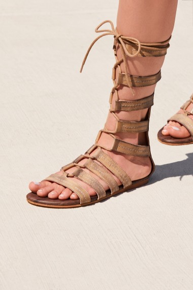 Roan Washed Ashore Tall Gladiator Sandal in taupe | strappy distressed leather gladiators | boho summer flats