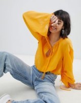 Weekday Volume Sleeve Silk Mix Shirt – orange – ruched – sheer – tops – peasant