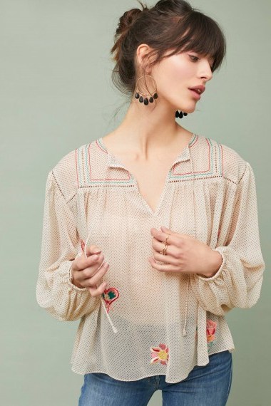 Ranna Gill Westown Embroidered Peasant Top | sheer cream blouses - flipped
