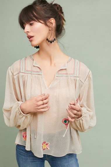 Ranna Gill Westown Embroidered Peasant Top | sheer cream blouses
