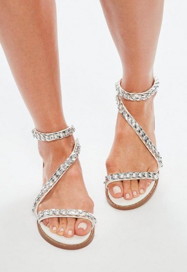 missguided white asymmetric chain t bar sandals – summer – strappy – flats - flipped
