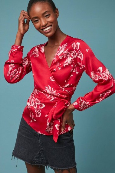 Second Female Adana Printed-Wrap Blouse in Red | silky floral tie waist top - flipped