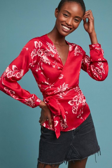 Second Female Adana Printed-Wrap Blouse in Red | silky floral tie waist top
