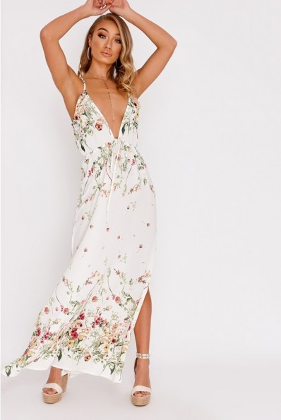 IN THE STYLE AELLA CREAM FLORAL PLUNGE MAXI DRESS – long strappy summer dresses