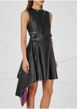 ALEXANDER MCQUEEN Black asymmetric leather dress ~ draped hemline ~ contemporary lbd - flipped