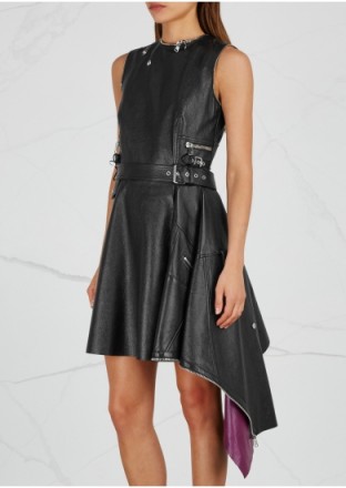 ALEXANDER MCQUEEN Black asymmetric leather dress ~ draped hemline ~ contemporary lbd