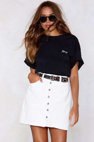 Nasty Gal All Eyes Button You Denim Skirt | white A-line